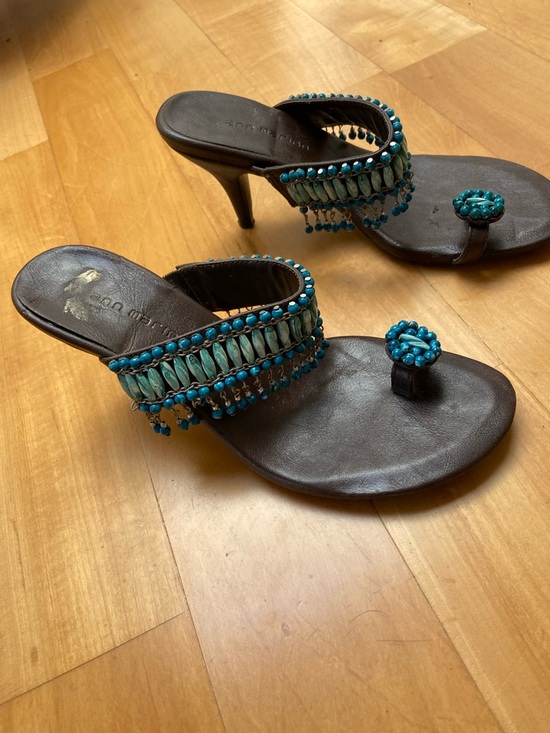 ann marina Shoes - Dark Brown Heeled Sandals with Turquoise Bead Embellishment
